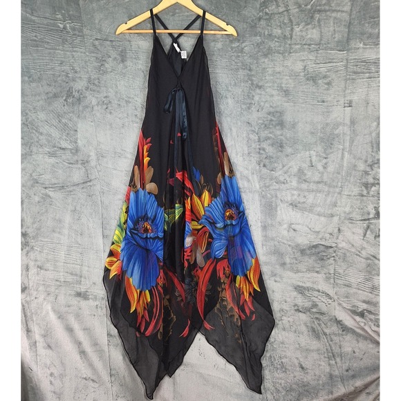 Womens Dress L/XL Maxi Fairy Tropical Sheer Floral Asymmetric Flowy Resort Beach - Picture 1 of 8